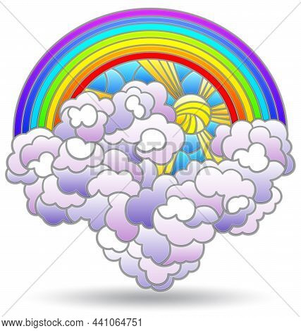 An Illustration In The Style Of A Stained Glass Window With A Cloud And A Rainbow Isolated On A Whit