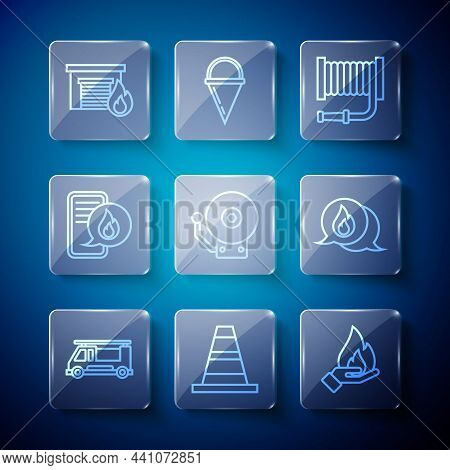 Set Line Fire Truck, Traffic Cone, Hand Holding Fire, Hose Reel, Ringing Alarm Bell, Phone With Emer