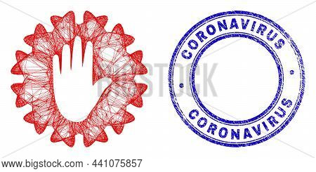 Carcass Irregular Mesh Stop Hand Coronavirus Icon, And Coronavirus Outbreak Alert Dirty Round Seal I