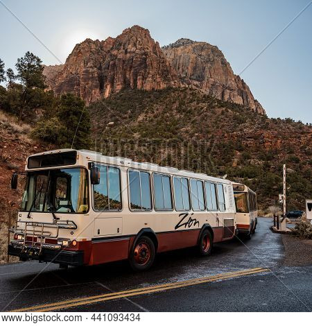 Springdale, United States: February 14, 2021: The Zion Shuttle Entering Zion Canyon Restricted Area