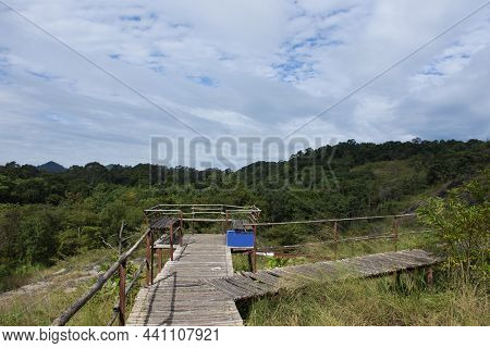 View Landscape With Mountain Forest And Wooden Walkway Bridge Of Khao Lon Adventure For Thai People