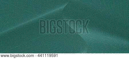 Green Technology Background, Light Spotted Wavy Lines. Futuristic Pattern. Cyberspace Concept. Abstr