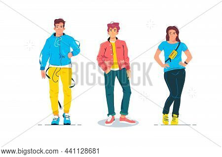 Casual Set Of Male And Female Characters Vector Illustration. Models From Fashion Show Cartoon. Try 