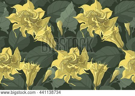 Vector Floral Seamless Pattern. Datura Yellow Flowers With Buds And Green Leaves.