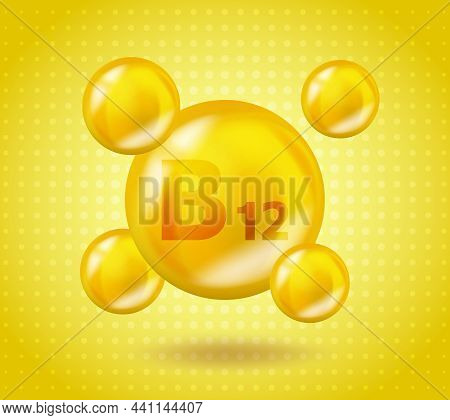 Realistic Vitamin B12 Cyanocobalamin Design. Yellow Nutrition Illustration Concept. 3d Vitamin Compl