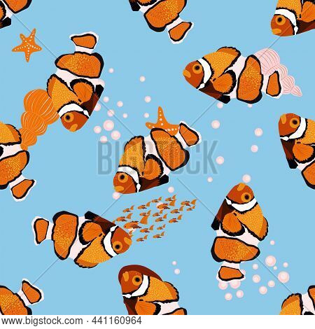 Amphiprion, Orange Bright Sea Dweller Clown Fish Surrounded By Water Bulbs, Hand Drawn