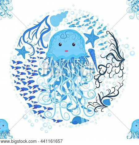 Jellyfish, Fish, Animals Bright Seamless Patterns. Sea Travel, Snorkeling With Animals, Tropical Fis