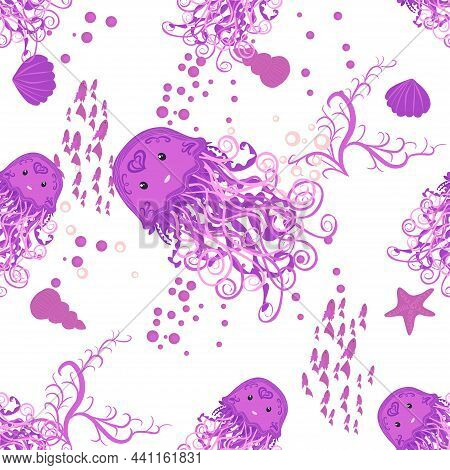 Jellyfish, Fish, Animals Bright Seamless Patterns. Sea Travel, Snorkeling With Animals, Tropical Fis
