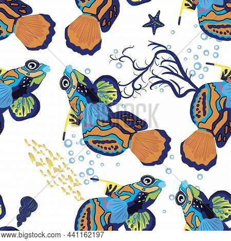 Mandarin Fish Seamless Patterns. Beautiful Character Among Seashells, Seaweed, Starfish, Sea Animal