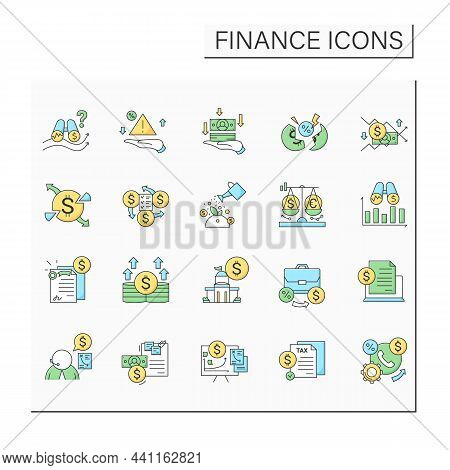 Finance Color Icons Set. Financial Analysis And Stock Market Instruments. Currency Exchange, Taxes, 