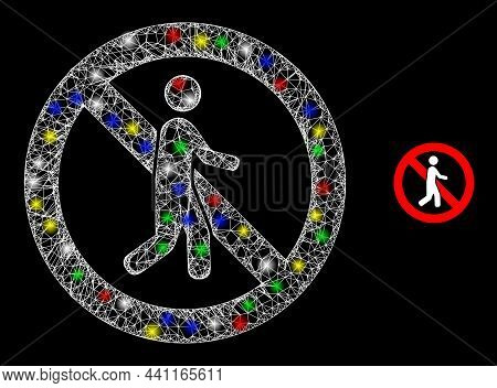 Glossy Irregular Mesh Stop Pedestrian Icon With Glitter Effect On A Dark Background. Light Multi Col