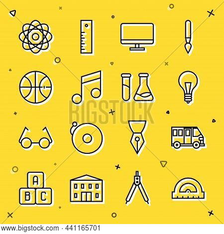 Set Line Protractor, School Bus, Light Bulb With Concept Of Idea, Computer Monitor Screen, Music Not