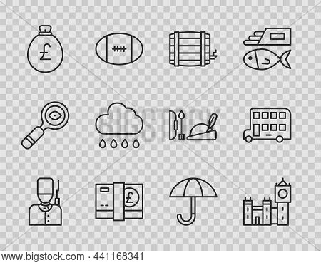 Set Line British Soldier, Big Ben Tower, Wooden Barrel, Pound Sterling Money, Money Bag With Pound, 