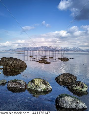A Rocky Atlantic Ocean Coastline Panorama, Viewed From Seltjarnarnes Peninsula In Capital Region, Ic