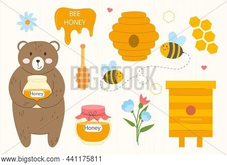 Set Of Honey. Collection Of Childrens Images. Bear, Honeycomb, Apiary. Pictures For Printing On Tshi