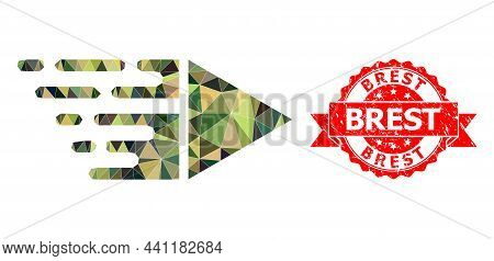 Low-poly Triangulated Motion Military Camouflage Symbol Illustration, And Brest Scratched Seal Print