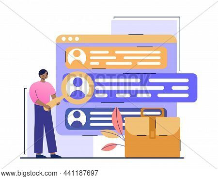 Concept Of Employers. Man With Magnifying Glass Looking At Other Peoples Portfolios. Employee Search