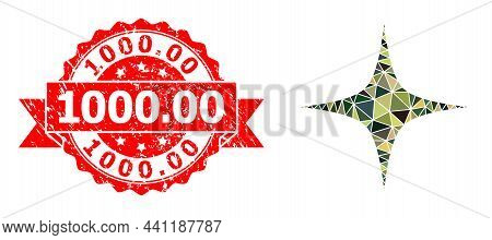 Low-poly Triangulated Space Star Military Camouflage 2d Illustration, And 1000.00 Unclean Stamp. Red