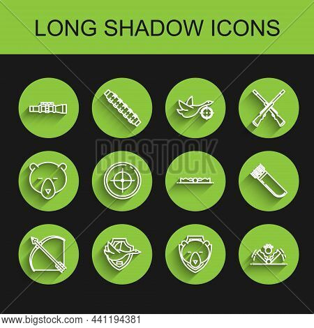 Set Line Bow And Arrow In Quiver, Flying Duck On Shield, Sniper Optical Sight, Bear Head, Trap Hunti