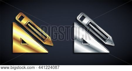 Gold And Silver Triangular Ruler And Pencil Icon Isolated On Black Background. Straightedge Symbol. 