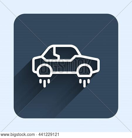 White Line Fantastic Flying Car Icon Isolated With Long Shadow Background. Hover Car Future Technolo