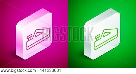 Isometric Line Wood Plane Tool For Woodworker Hand Crafted Icon Isolated On Pink And Green Backgroun