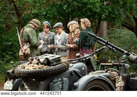 Hel, Pomerania, Poland- August 27, 2021: Historical Reconstruction.  Second World War. France, Germa