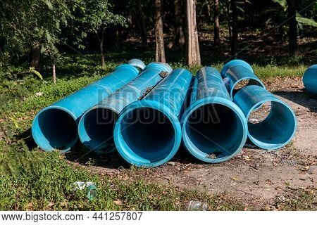 Polyvinyl Chloride Drainage Pipe On A Construction Site.  Polyvinyl Chloride Drainage Pipes Stacked 
