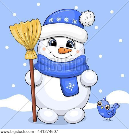 Snowman With A Broom. Cute Cartoon Winter Illustration With Snow.