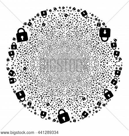 Lock Festive Round Cluster. Object Pattern Is Combined From Random Lock Pictograms As Explosion Clus