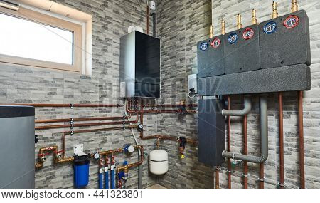 Plumbing service. pipeline with filtraters and leakage protecting equipmentin boiler room