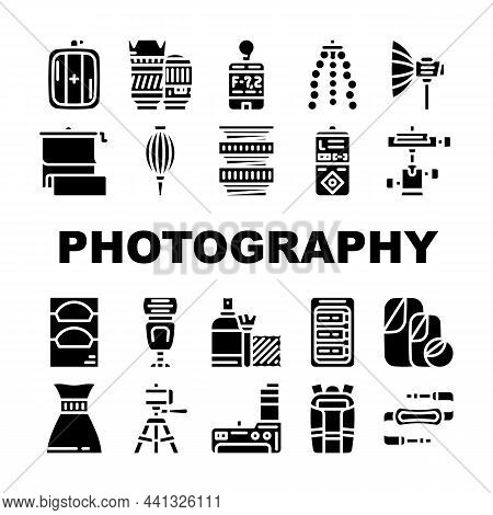 Photography Tool And Accessory Icons Set Vector. Photo Camera Lenses And Light Filters, Flexible Tri