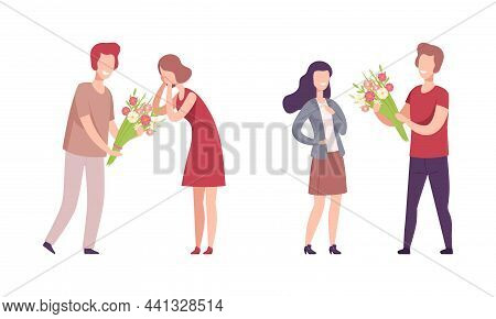 Man Giving Bouquet Of Flowers To Woman Making Gallant Gesture Vector Set
