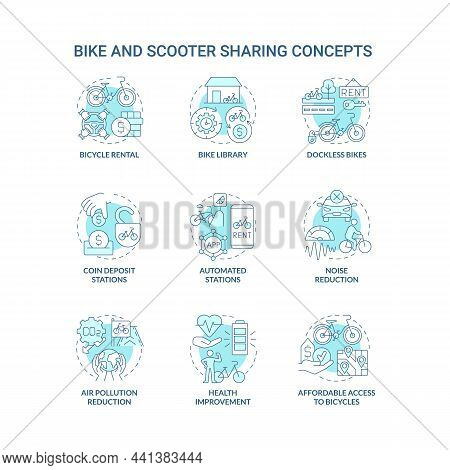 Bike And Scooter Sharing Blue Concept Icons Set. Green Transportation Idea Thin Line Color Illustrat