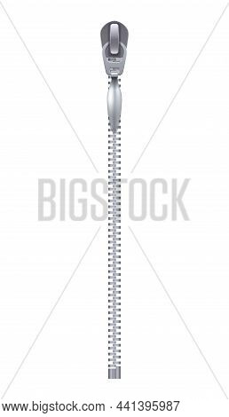 Zipper Realistic Composition With Isolated Image Of Metal Fastener With Zip Slider Vector Illustrati