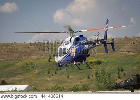 Ankara, Turkey - June 26, 2021: Turkish Police Force Bell 429 Globalranger Helicopter Performing