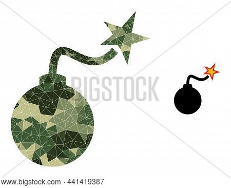 Camouflage Triangle Mosaic Bomb Ignition Icon. Lowpoly Bomb Ignition Icon Is Combined With Chaotic C