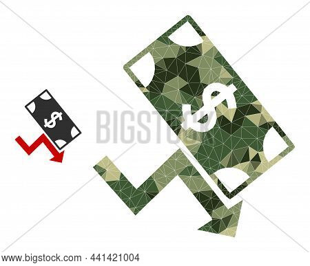 Camouflage Low-poly Collage Dollar Down Trend Icon. Low-poly Dollar Down Trend Pictogram Designed Wi
