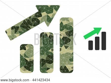 Camouflage Lowpoly Mosaic Up Trend Bar Chart Icon. Lowpoly Up Trend Bar Chart Icon Is Designed From 