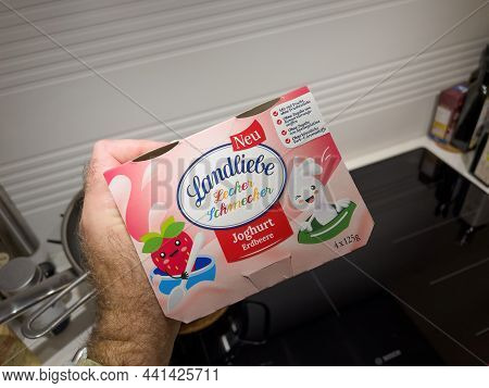 Paris, France - Nov 13, 2021: Pov Male Hand Holding New Paper Package With Landliebe Leckerschmecker