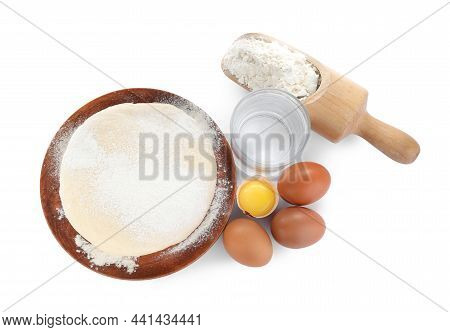 Dough And Ingredients On White Background, Top View. Sodawater Bread Recipe