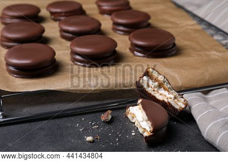 Tasty Choco Pies On Grey Table. Snack Cakes
