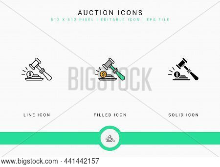 Auction Icons Set Vector Illustration With Solid Icon Line Style. Bid Deal Act Concept. Editable Str