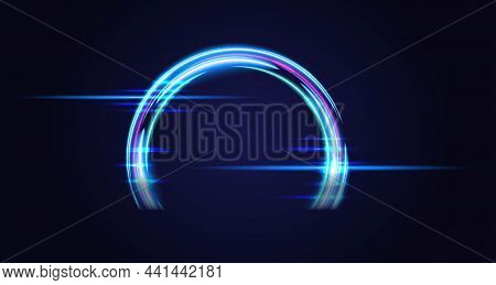 Blue Magic Arc. Abstract Magic Light Effect. Luminous Neon Lines With Flying Lights And Spark Trail.