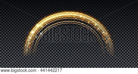 Gold Magic Arc. Abstract Magic Light Effect. Luminous Neon Lines With Flying Lights.