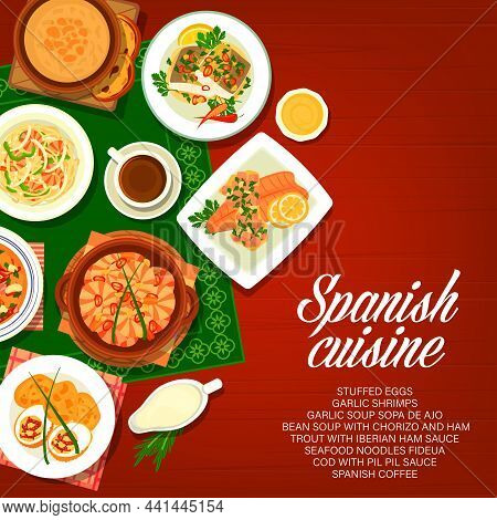 Spanish Food, Spain Cuisine Dishes, Meals And Snacks, Vector Menu Cover For Restaurant. Spanish Cuis
