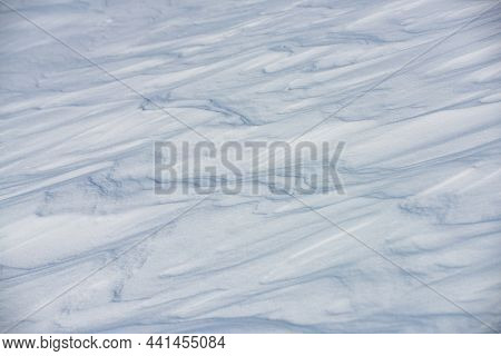 Snow Background With Copy Space For Text. Christmas Snowy Winter Pattern With Frozy Texture.