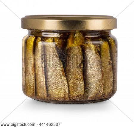 Glass Jar Sprot Are Sardines Isolated On A White Background.