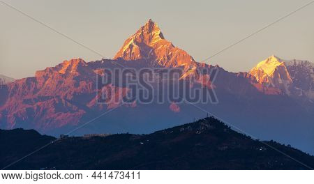 Red Colored Sunset View Of Mount Machhapuchhare, Annapurna Area, Nepal Himalayas