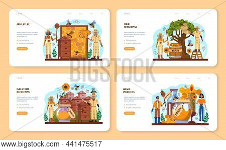 Hiver Or Beekeeper Web Banner Or Landing Page Set. Apiculture Farmer